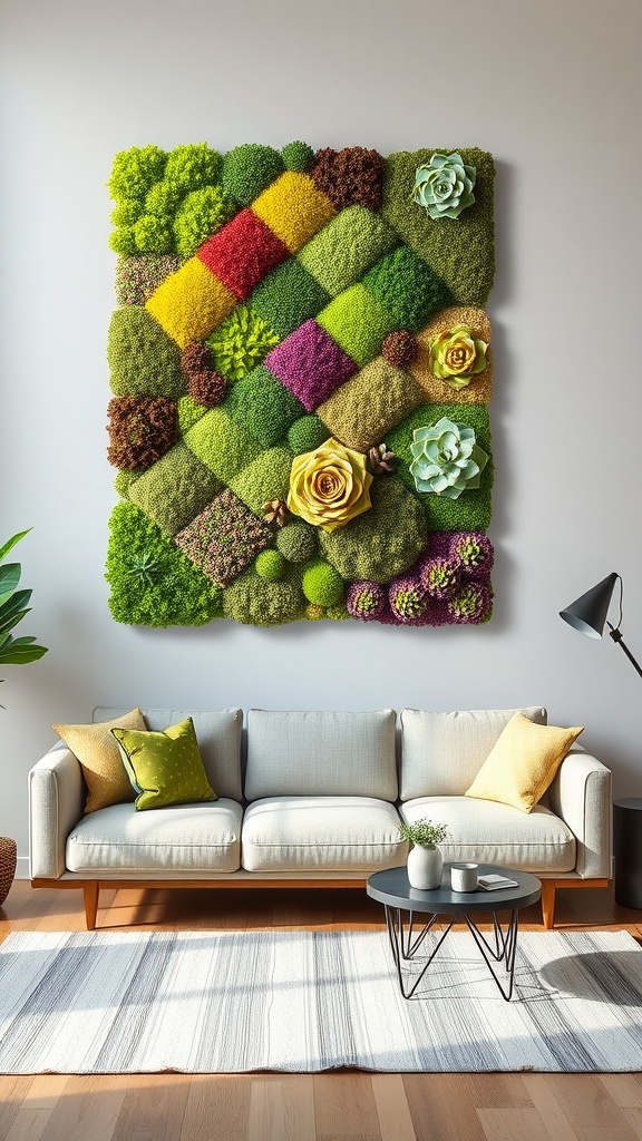 Geometric moss wall art with succulent accents, displayed above a sofa in a bright room.