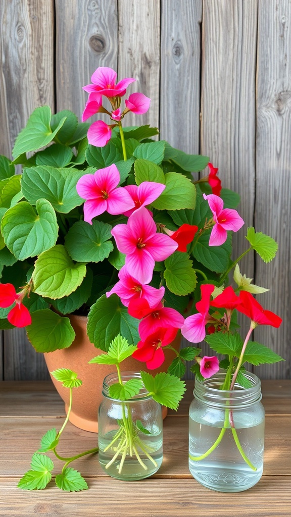 A vibrant geranium plant in a terracotta pot with cuttings in jars, showcasing plant propagation.