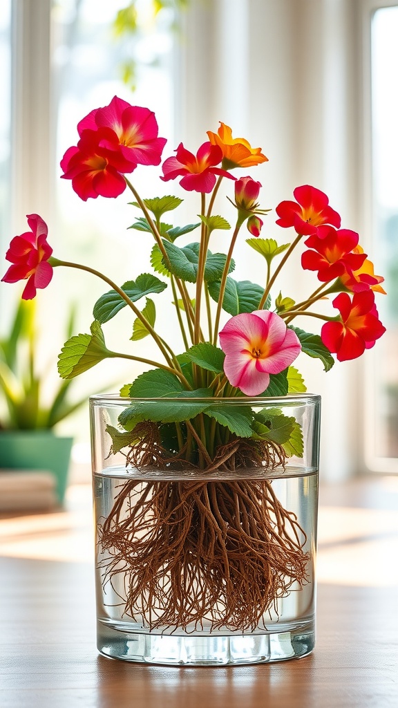 A vibrant display of Geraniums with colorful flowers and visible roots in a clear vase filled with water.