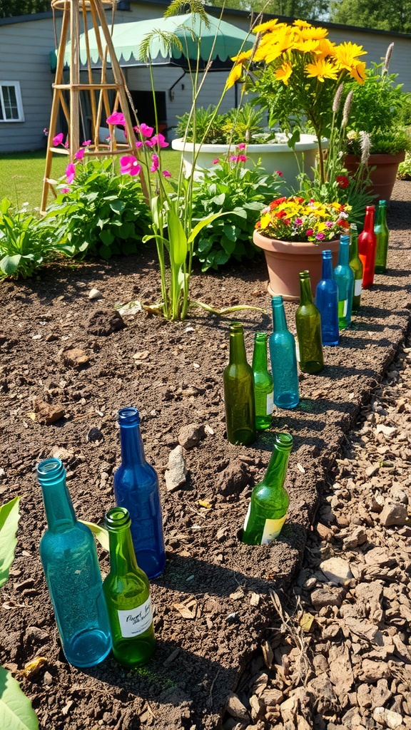 Colorful glass bottles used as garden edging