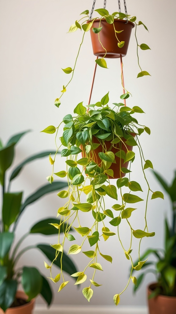 A lush Golden Pothos plant in a hanging basket with cascading vines