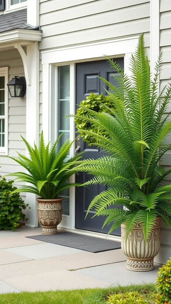 Two large ferns in decorative pots placed at the entrance of a home.