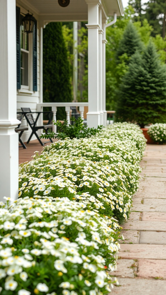 A beautiful porch lined with Sweet Alyssum flowers, creating an inviting border.