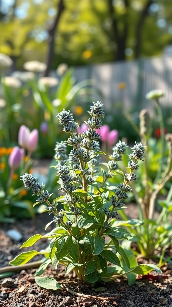 A healthy sage plant in a garden surrounded by colorful flowers.