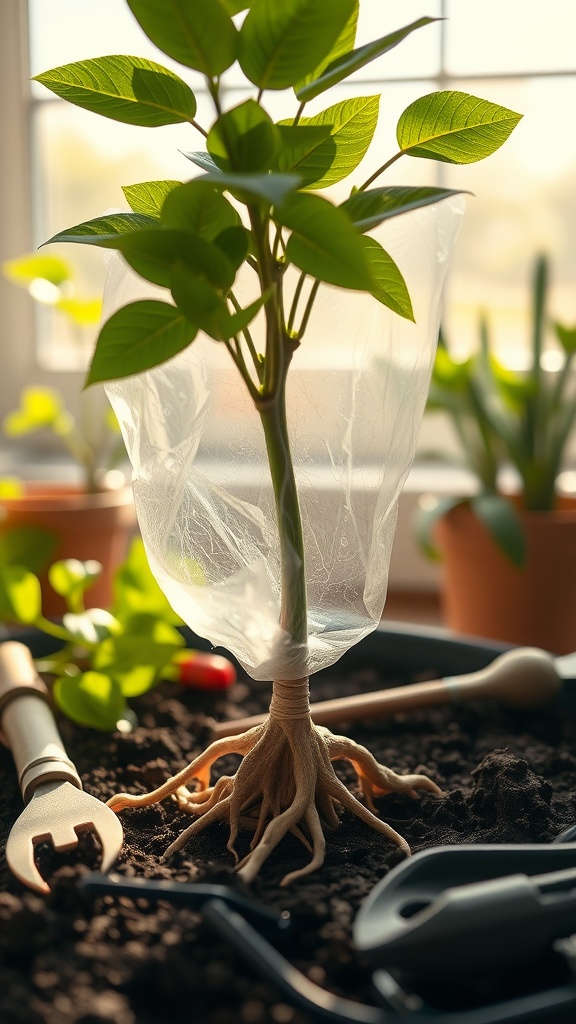 A young Money Tree with plastic cover over roots, surrounded by gardening tools and plants.