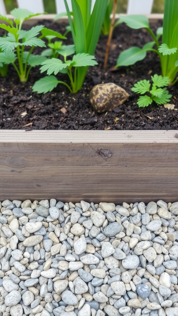 Raised steel garden bed with plants and gravel at the bottom for drainage