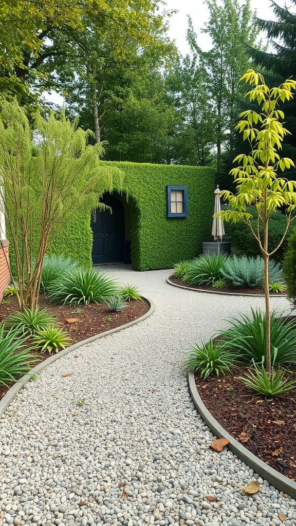 A winding gravel path bordered by smooth edging, surrounded by lush green plants and trees