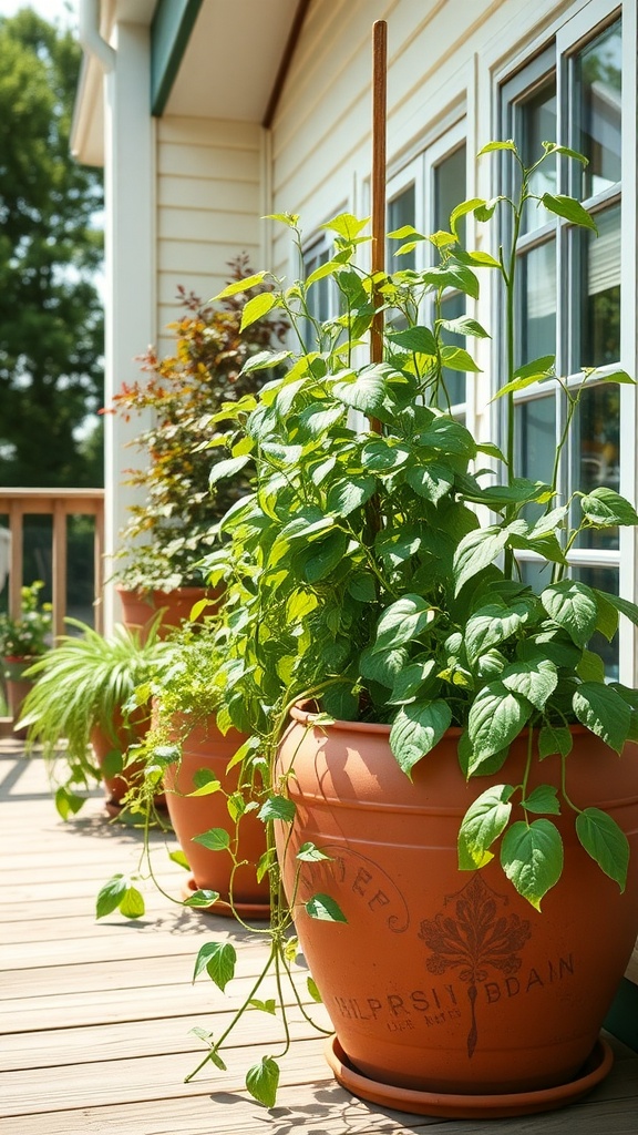 Green beans climbing up wooden trellises in large pots