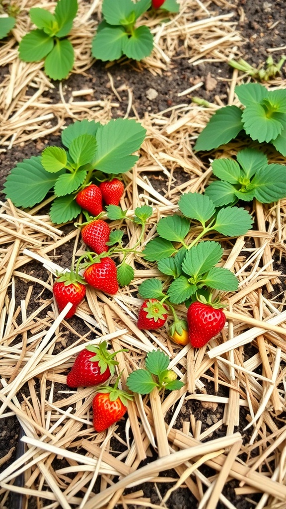 Strawberry plants growing with straw mulch in a garden