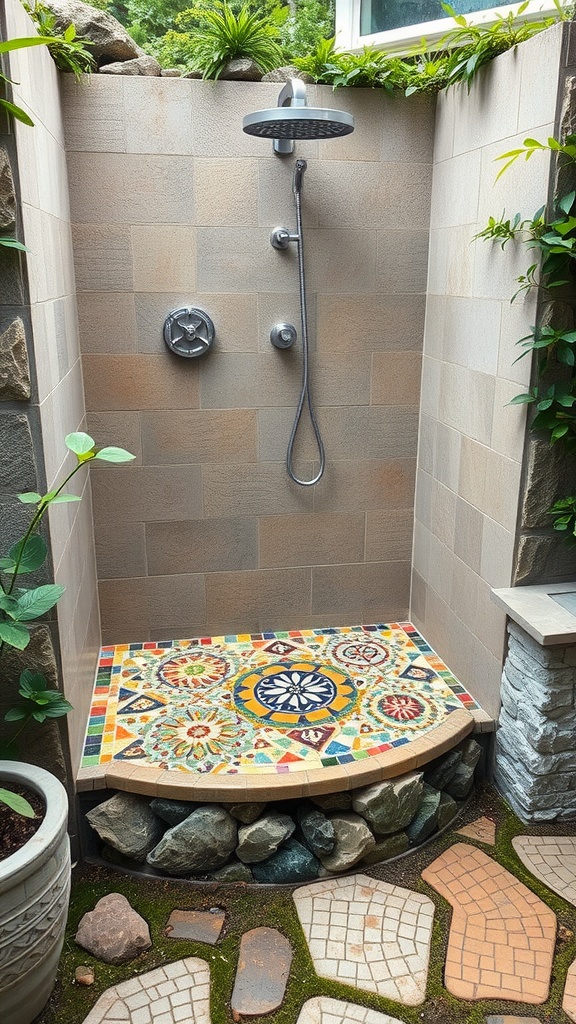 Outdoor shower with handmade mosaic tile base and plants
