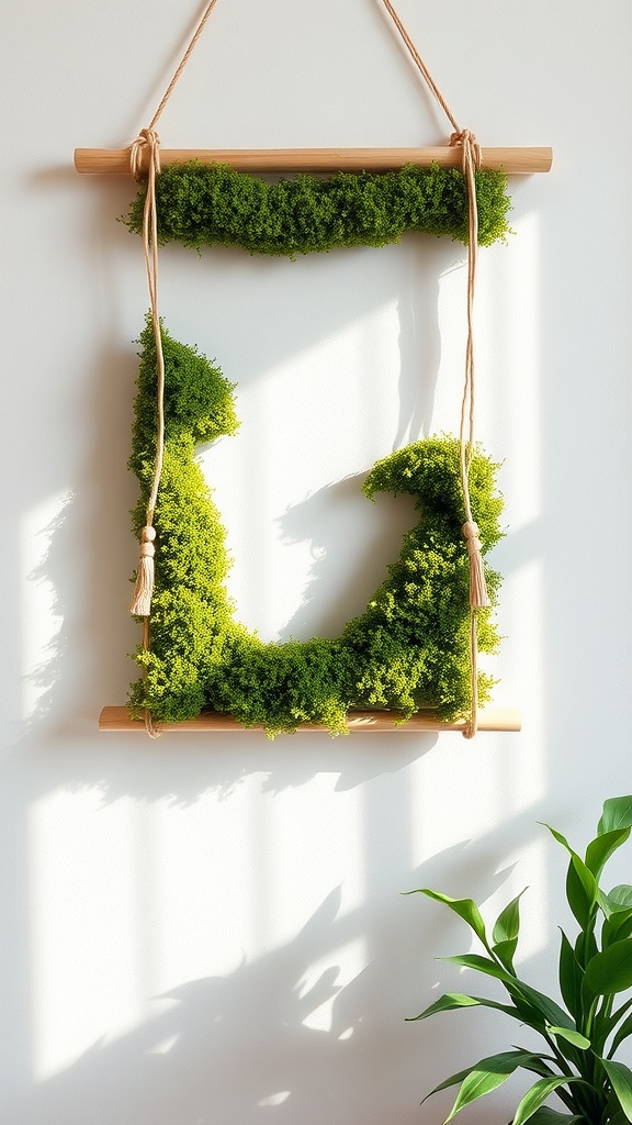 A hanging moss frame made with wooden dowels and filled with vibrant green moss, displayed against a wall with sunlight illuminating it.