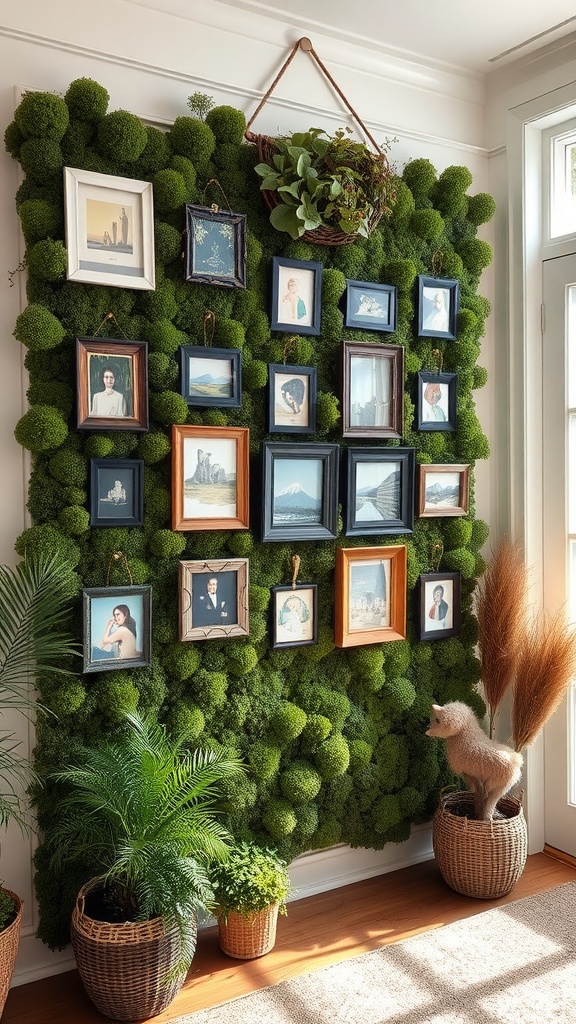 A moss wall art installation featuring multiple small frames with photos, surrounded by potted plants.