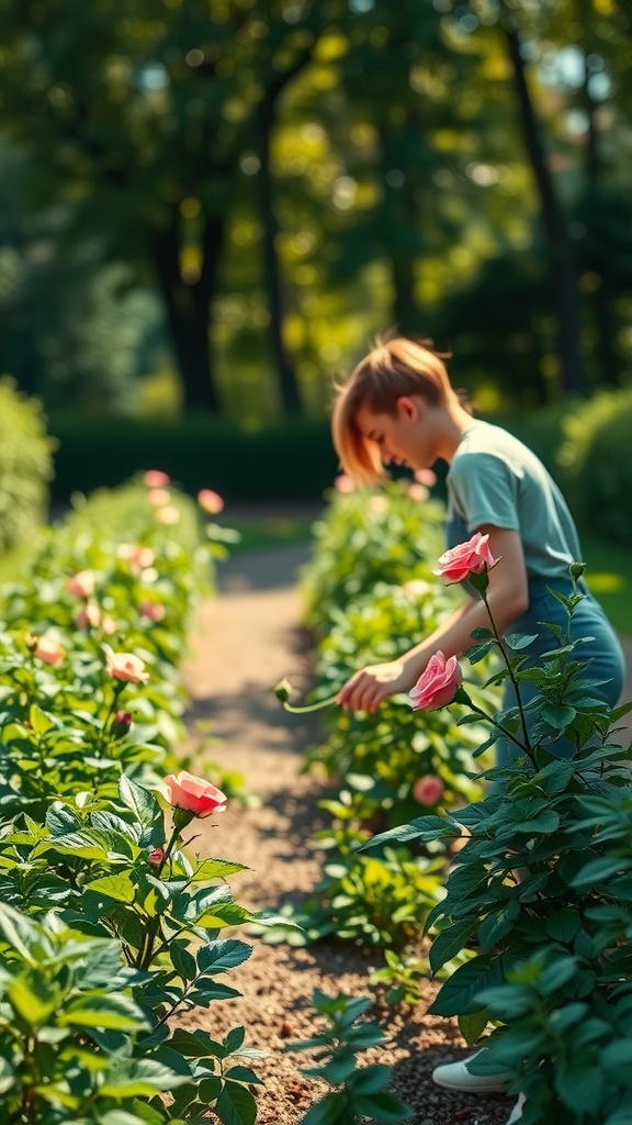 A person caring for rose bushes in a garden, focusing on nurturing and growth.