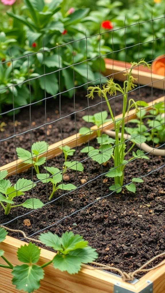Raised garden bed with chicken wire protecting young plants from pests.