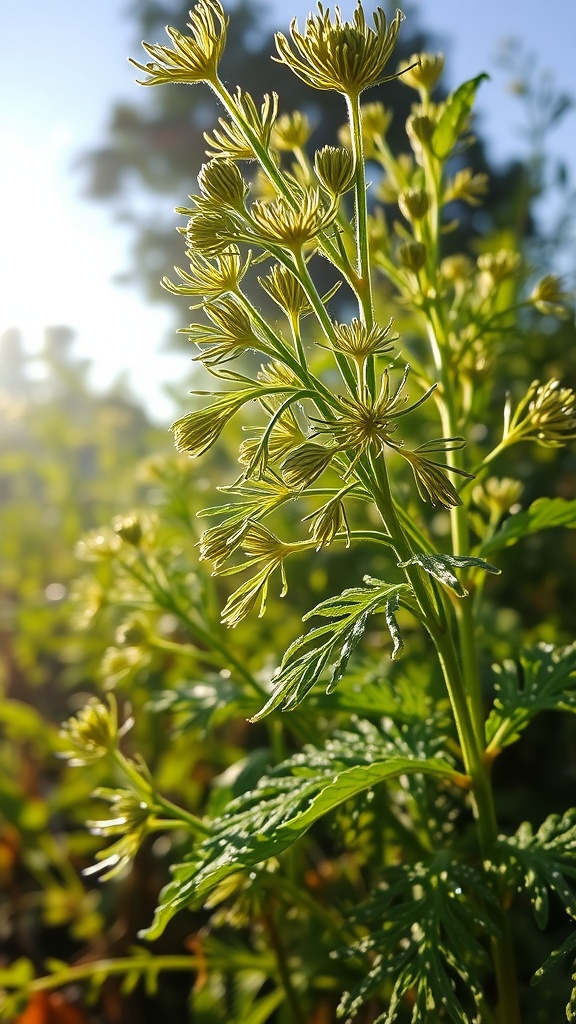 Fresh dill plant with flowering buds, illuminated by morning sunlight.