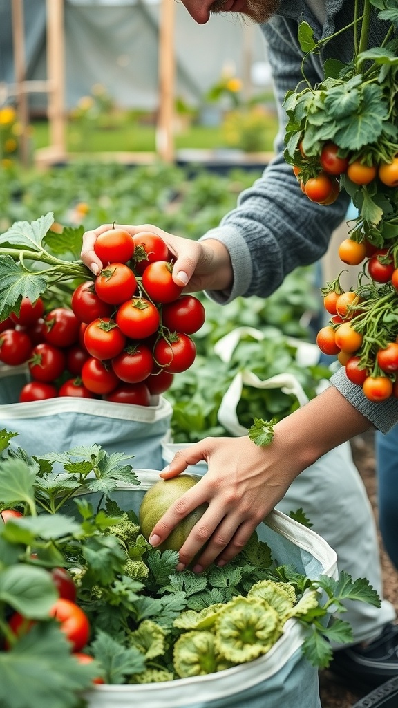 A gardener harvesting ripe tomatoes from grow bags in a garden.