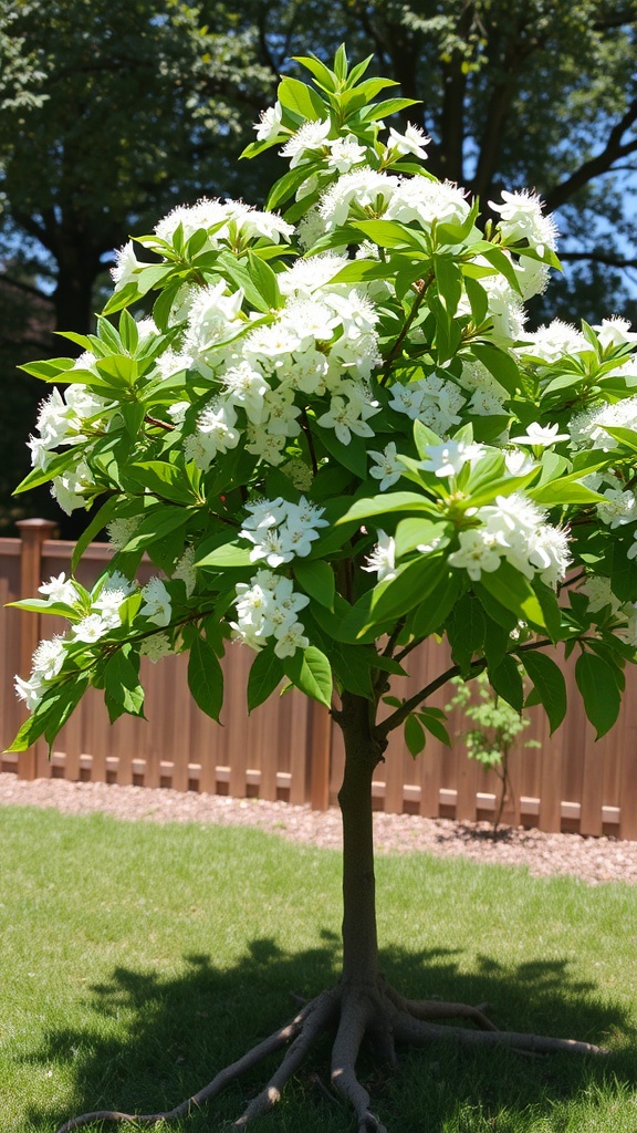 A small hawthorn tree with white flowers and green leaves standing on a grassy lawn.