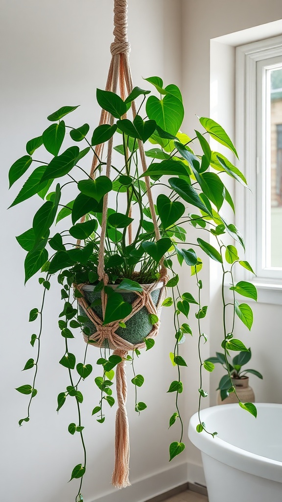 A Heartleaf Philodendron hanging in a bathroom, showcasing lush green leaves and cascading vines.