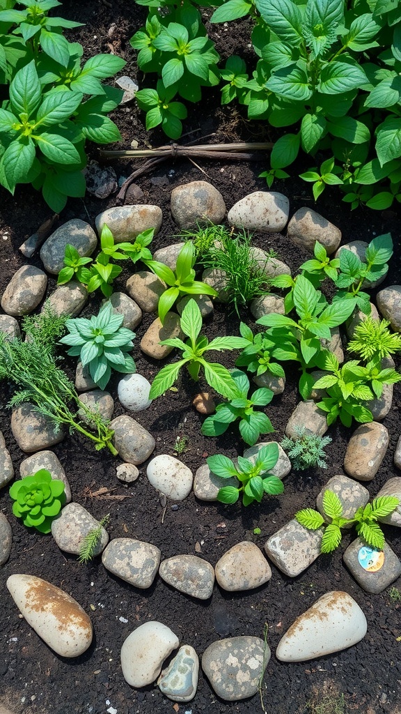 A spiral garden made of stones with various herbs planted inside