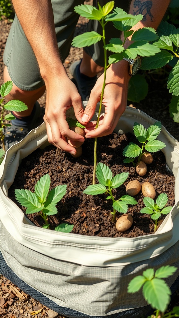 A person hilling potato plants in a container grow bag, showing green leaves and some visible potatoes.