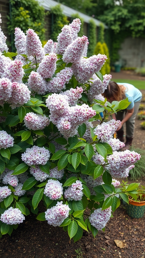 A gardener tending to a flowering lilac bush, showcasing vibrant purple blooms.