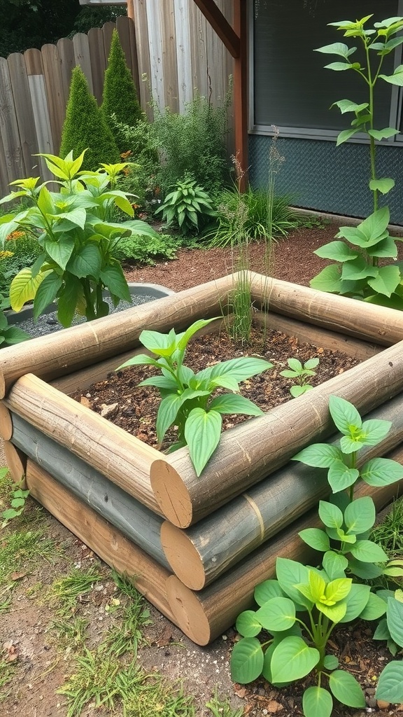 A hugelkultur raised bed made of logs with young plants growing in soil.