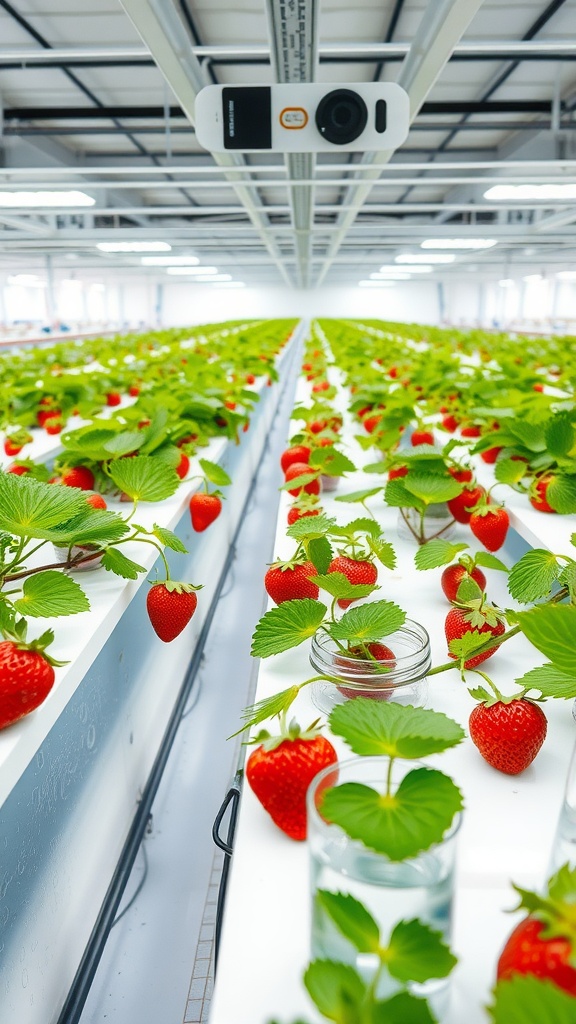 A hydroponic strawberry growing system with rows of strawberry plants and a camera monitoring the setup.