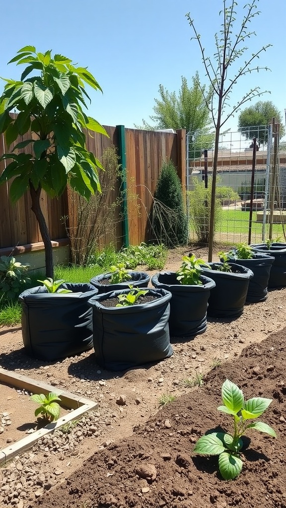 A garden with black grow bags arranged in a sunny area, showcasing an ideal setup for sunlight and drainage.