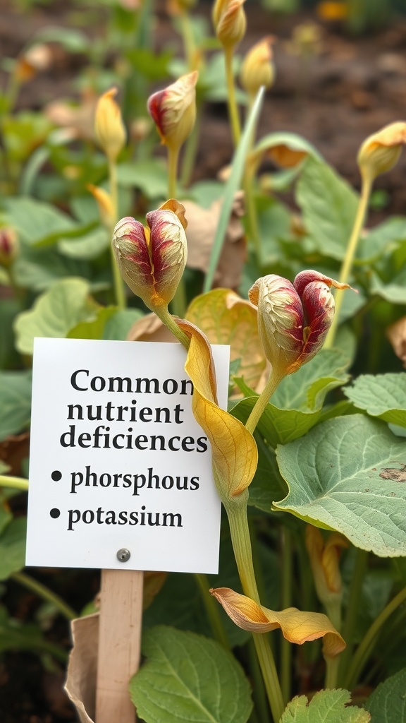 Budding plants with a sign that reads 'Common nutrient deficiencies: phosphorus, potassium'