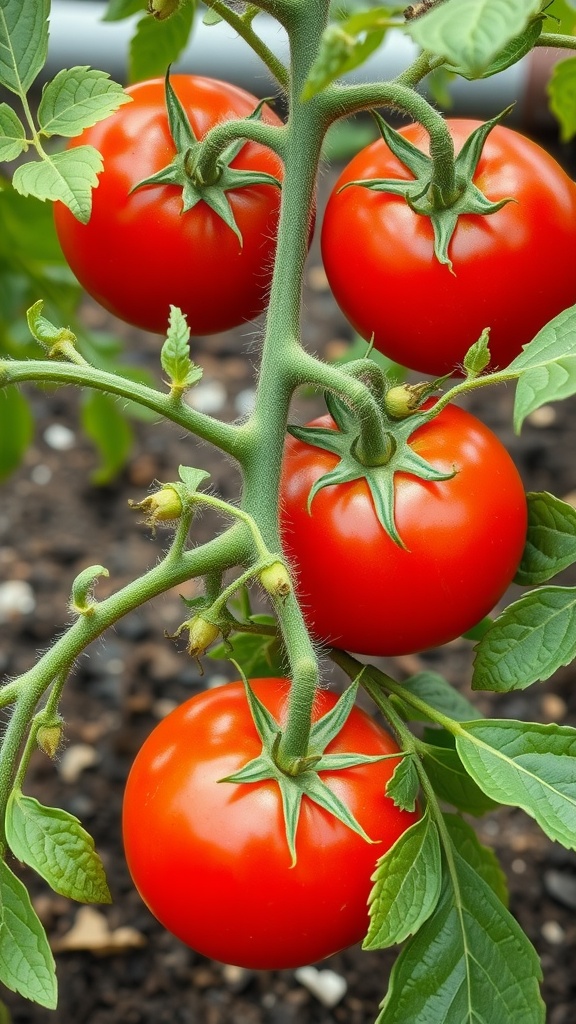 Close-up of a tomato plant with ripe red tomatoes and green leaves.