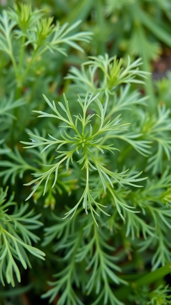 Close-up of a healthy dill plant with finely divided green leaves.