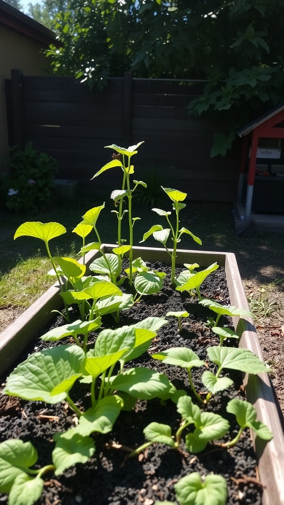 A close-up view of green seedlings growing in a raised garden bed under sunlight.