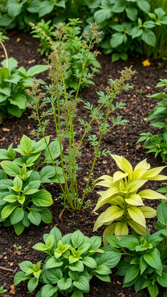 A vibrant raised garden bed with various plants growing together