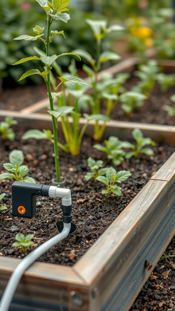 Drip irrigation system in a raised bed garden with healthy plants growing.