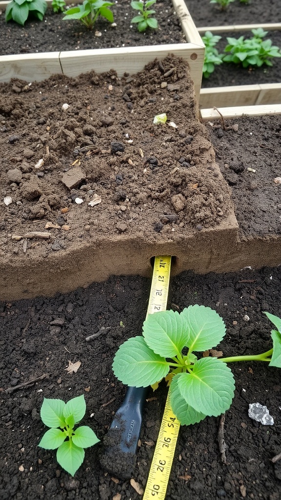 Measuring soil depth in a raised bed garden with plants growing around it.