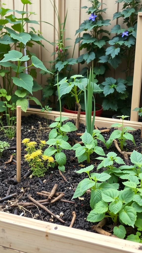 A raised vegetable garden with various plants growing close together