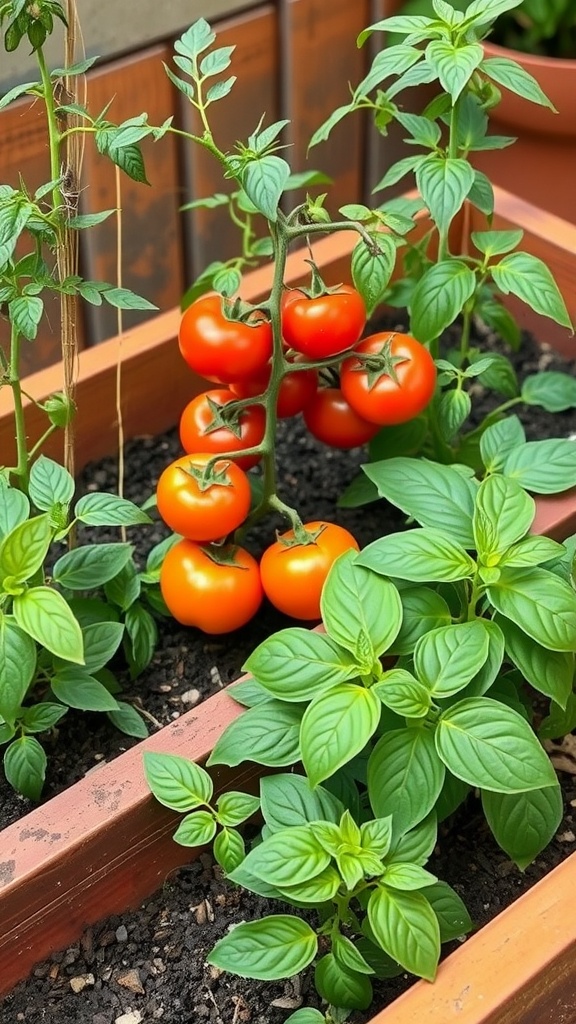 Tomato plants growing alongside basil in a raised garden bed.