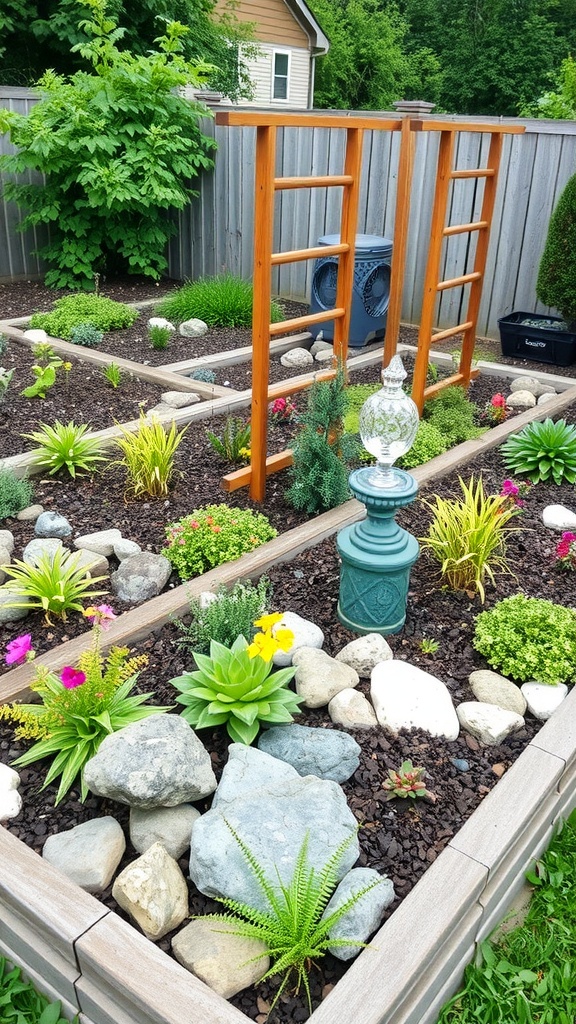 A raised bed garden featuring decorative elements like stones, sculptures, and colorful flowers.