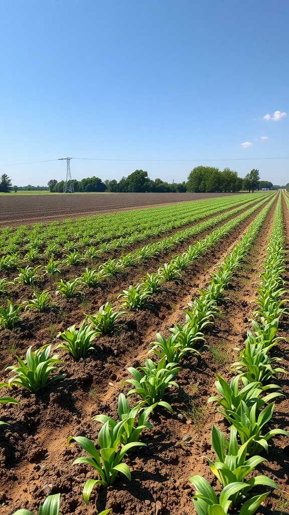 A sunny field showing rows of young plants indicating the use of green manure in soil preparation.