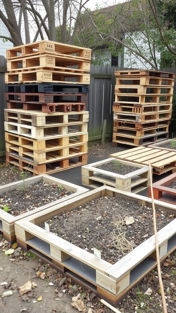 Image of stacked wooden pallets and raised garden beds made from pallets