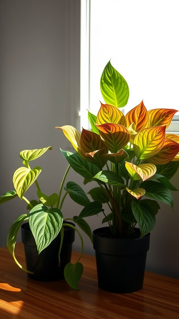 Two Pothos plants in pots with sunlight shining through a window