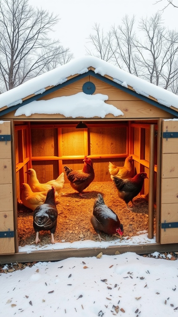 An insulated chicken coop with hens inside, covered in snow.