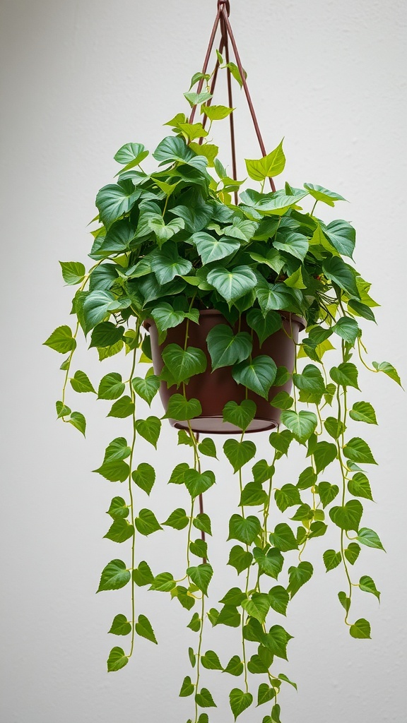 A lush ivy plant in a hanging basket with long trailing vines.