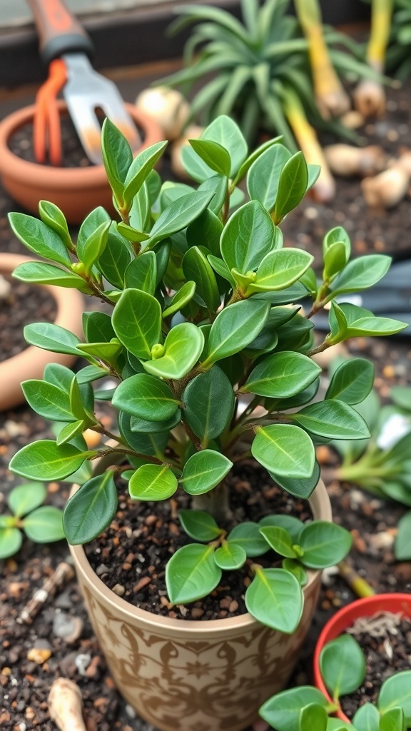 A jade plant with thick green leaves in a decorative pot, surrounded by gardening tools.