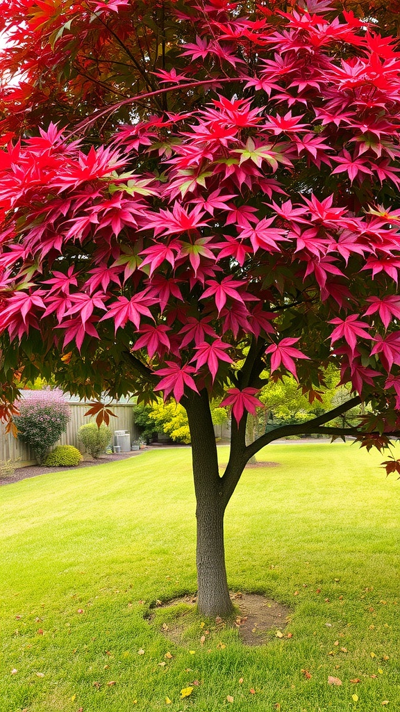 A vibrant Japanese Maple tree with red leaves standing in a green backyard.