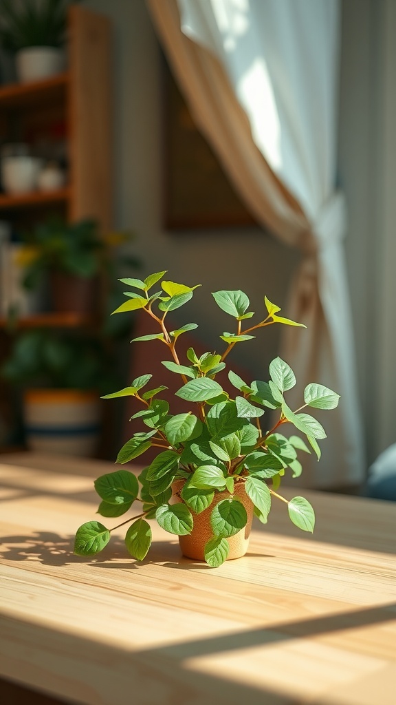 A jade plant in a warm, shaded spot with soft natural light filtering through curtains.