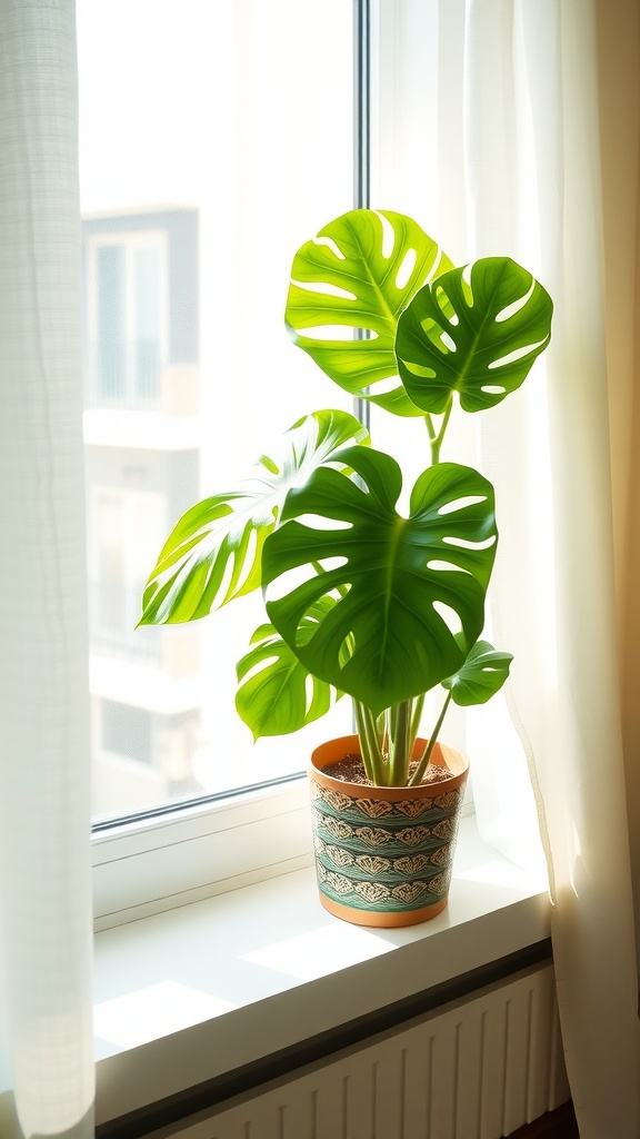 A Monstera plant in a decorative pot on a windowsill, basking in bright, indirect light.