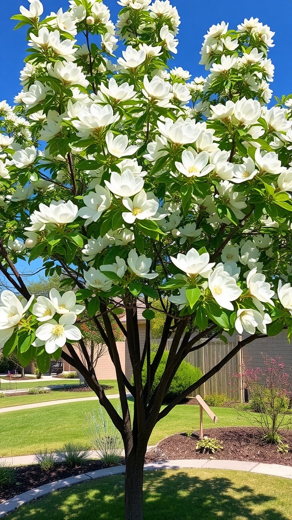 A Kousa Dogwood tree with white flowers against a blue sky.