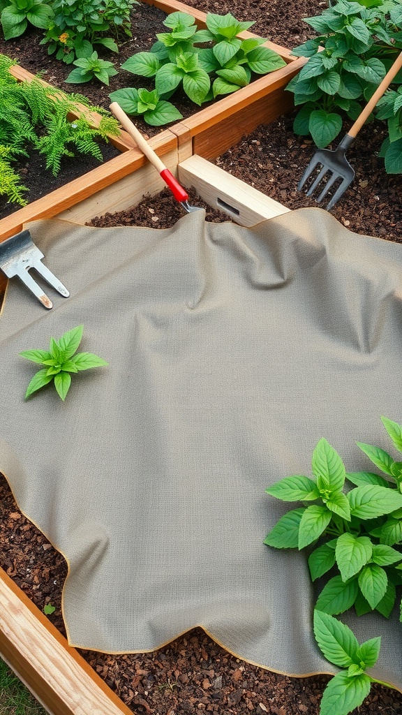 Landscaping fabric laid in a raised garden bed with plants growing around it