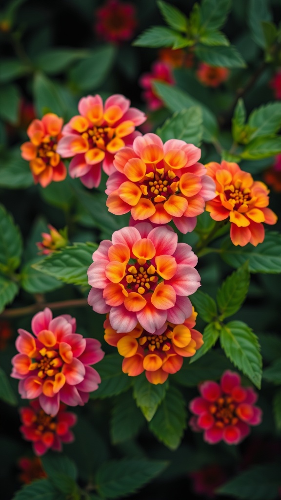 Colorful clusters of Lantana flowers in orange, pink, and yellow with green foliage